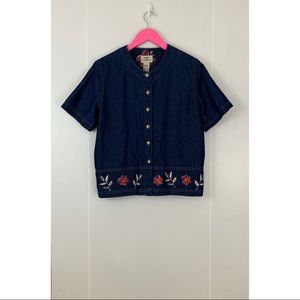 Vintage Denim Floral Button Up Top Shoulder Pads